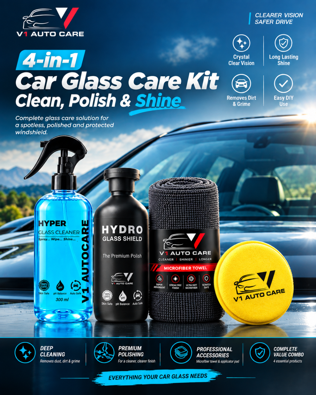 4-in-1 Car Glass Care Kit – Clean, Polish & Shine