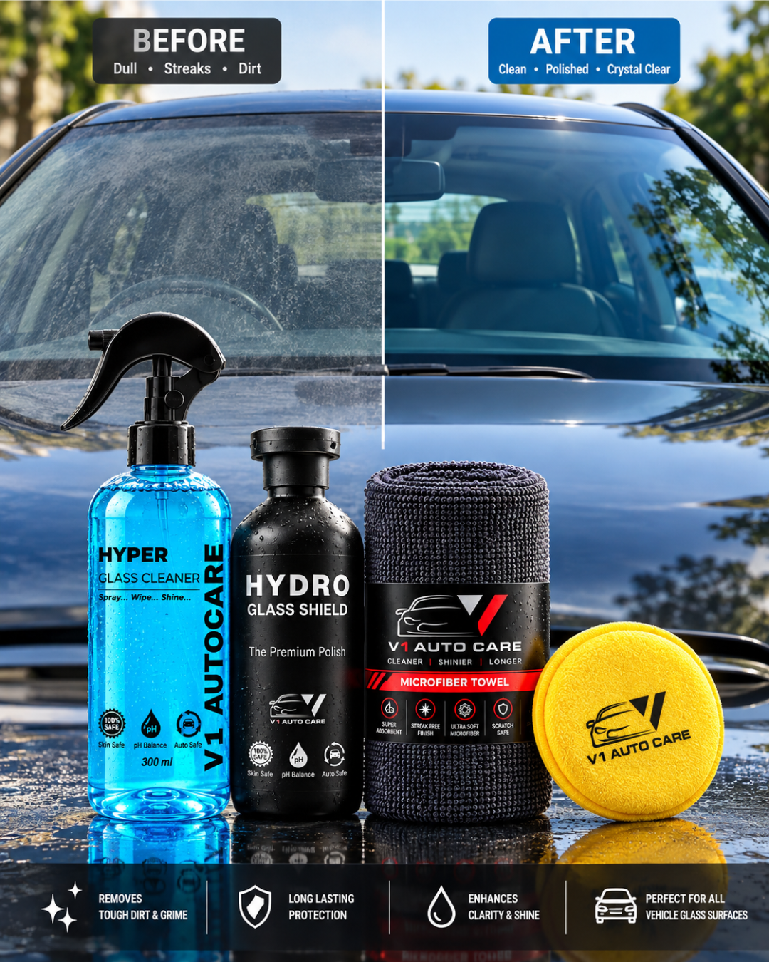 4-in-1 Car Glass Care Kit – Clean, Polish & Shine