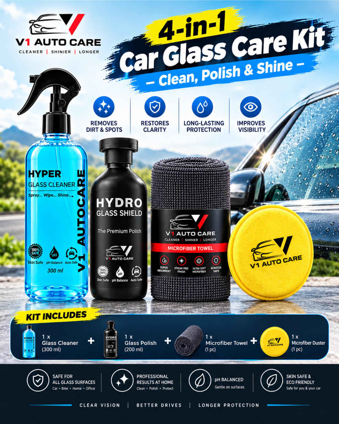 4-in-1 Car Glass Care Kit – Clean, Polish & Shine